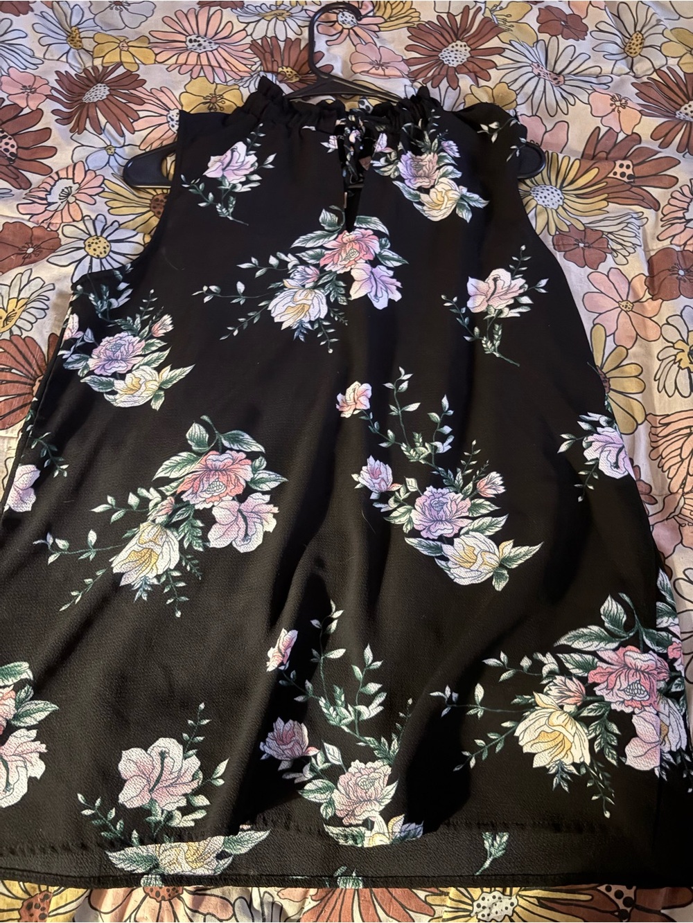 Black Floral Halter Tank Top with Pink and Cream Blooms